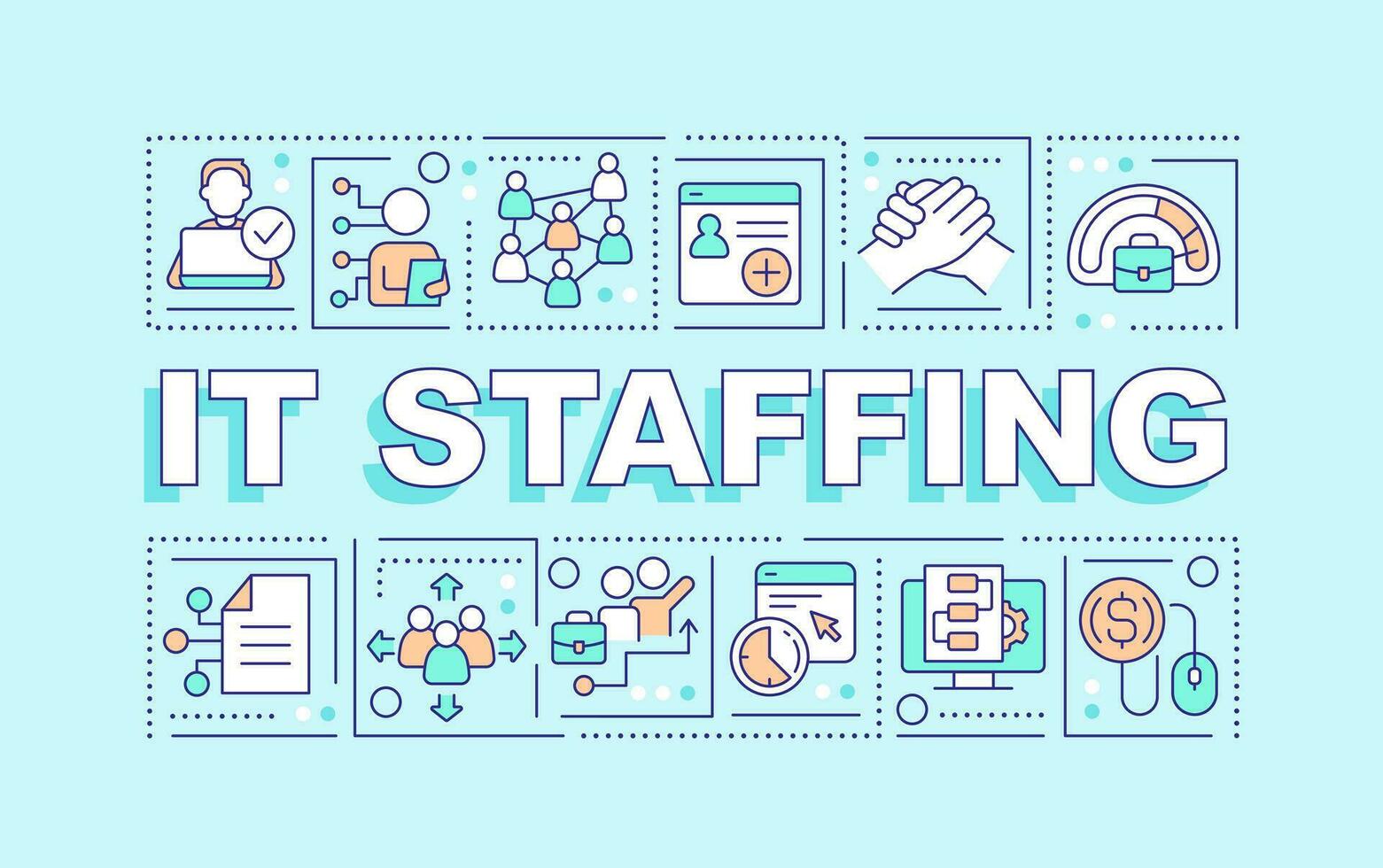 IT staffing word concepts mint blue banner. Recruitment. Infographics with editable icons on color background. Isolated typography. Vector illustration with text