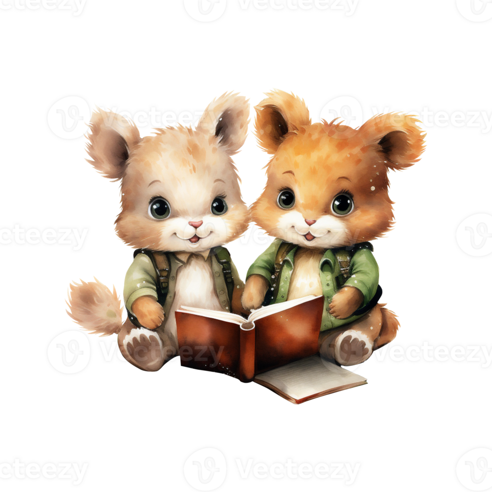 Watercolor back to school, Cute animals are learning. Cartoon character childish style. AI generated. png