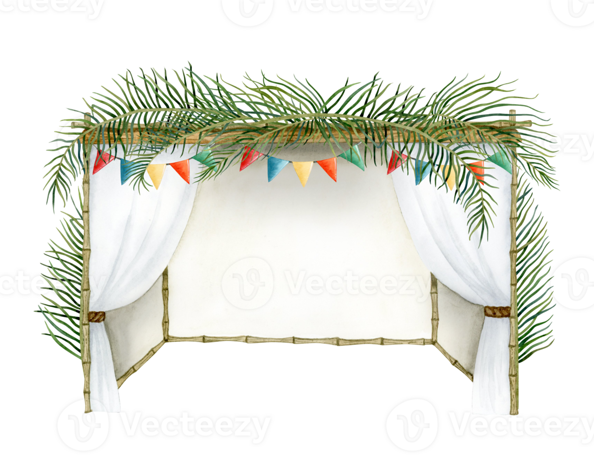 Decorated Sukkah with palm leaves on the top and festive colorful flags watercolor illustration for Jewish Sukkot holiday. Hand drawn succah hut png