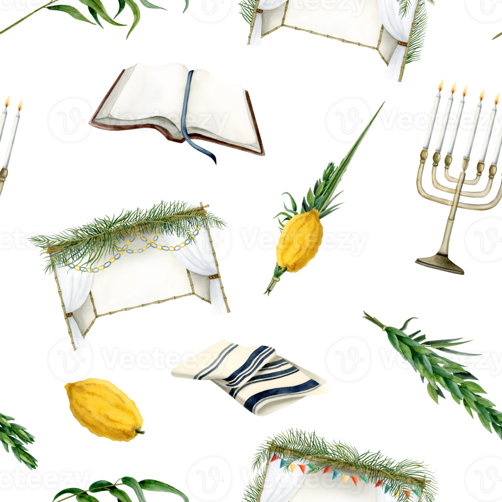 Watercolor Sukkot seamless pattern with decorated sukkah, waving the Lulav, Etrog, tallit and menorah for traditional Jewish holiday png