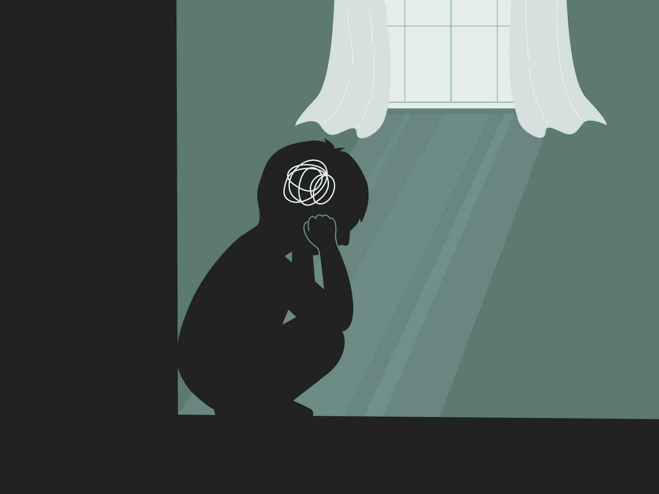 Silhouette of a boy get stress and sad emotion at home alone, mental health kids concept. flat vector illustration.