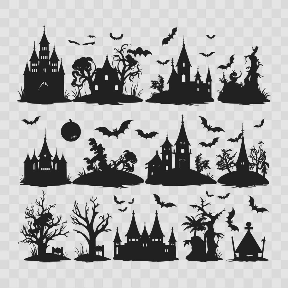 set of halloween element creepy house, bat, witch silhouette Vector