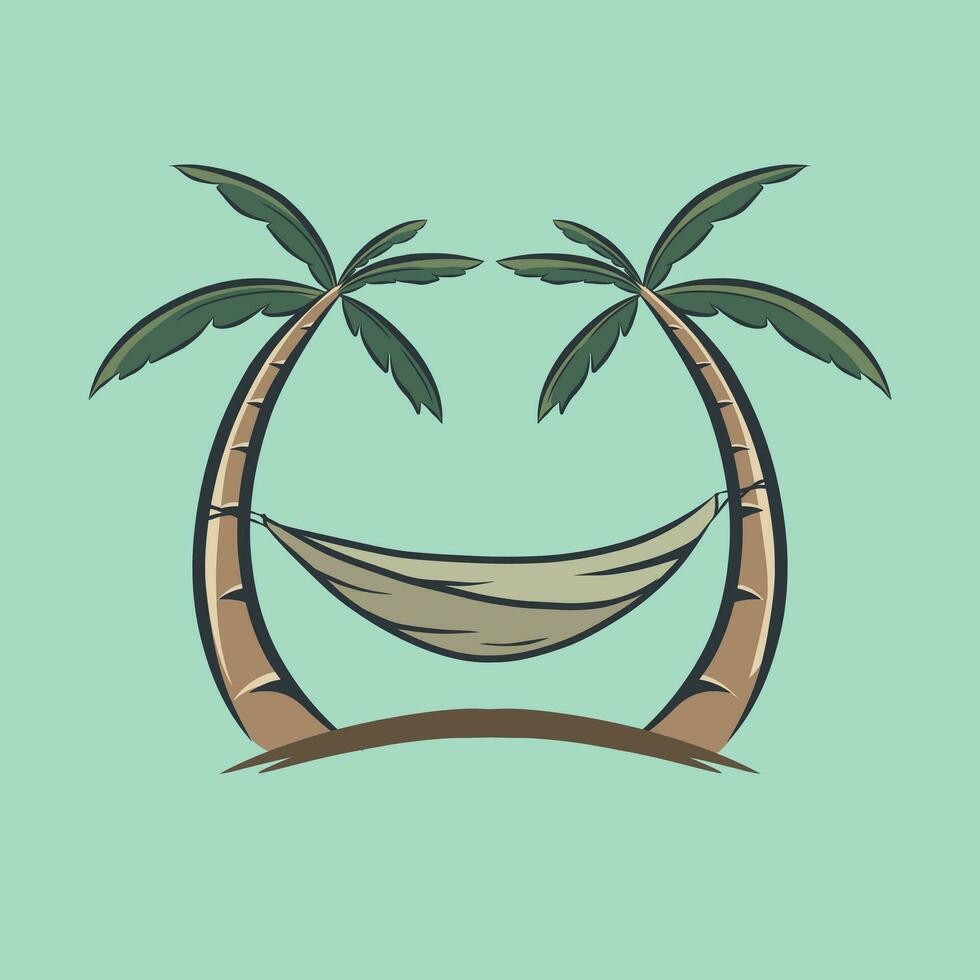 Vector illustration of a hammock tied to two coconut trees in the beach area