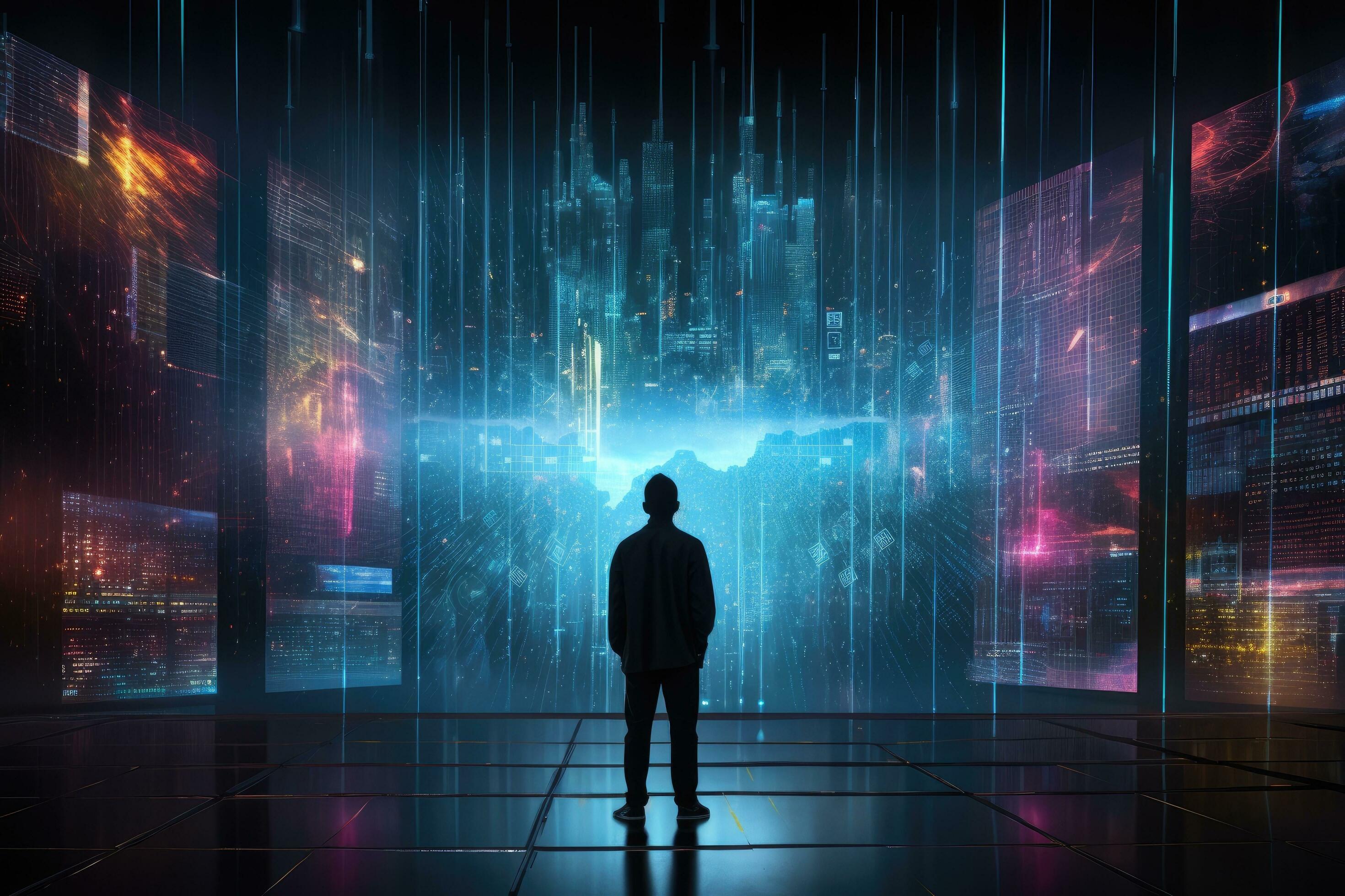 Back view of businessman looking at night city with glowing binary code