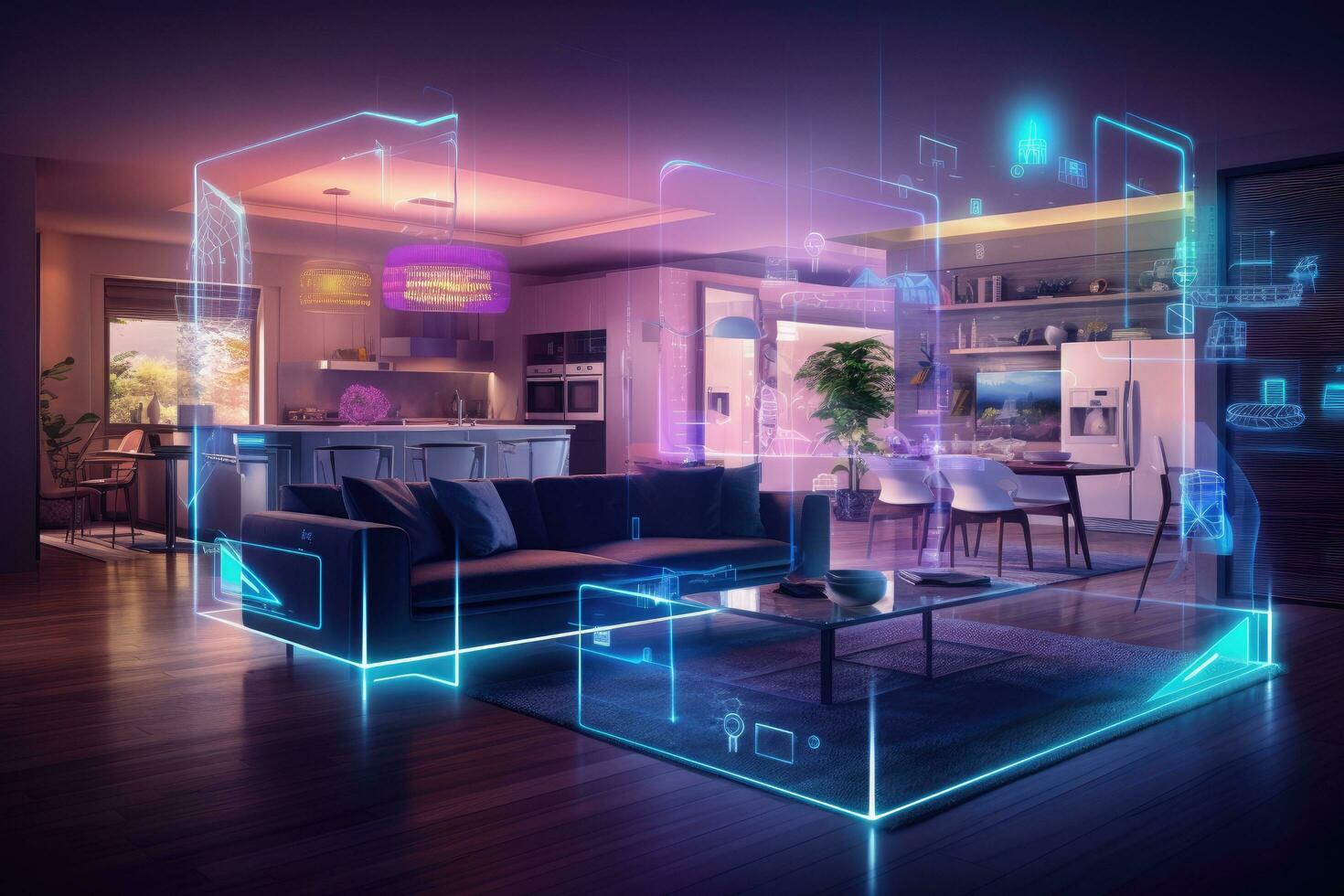 3d rendering of modern bright interiors living room computer generated image, A smart home interior connected with an internet connection, digital technology hologram, AI Generated photo