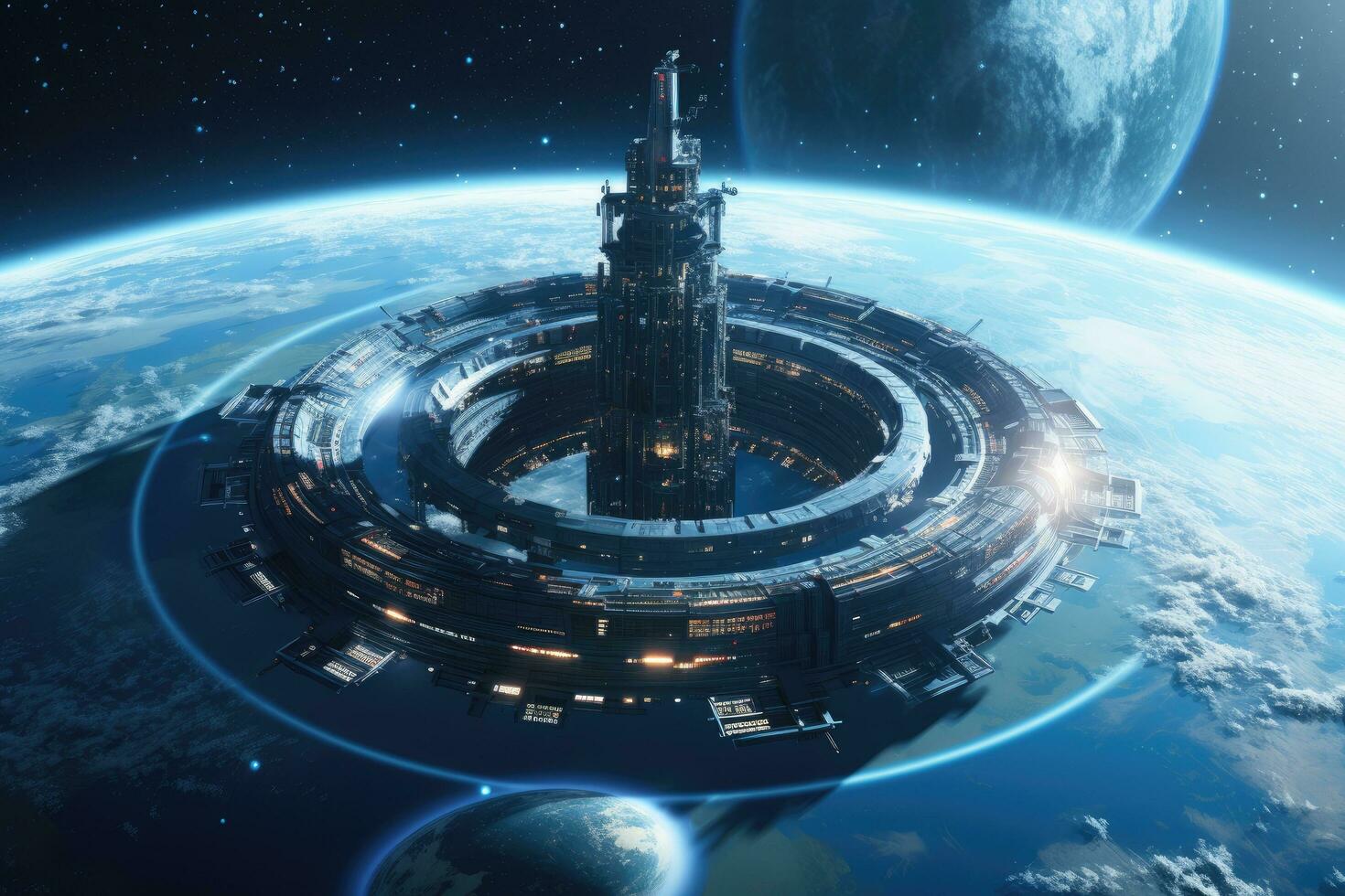 3D rendering of a futuristic city on planet Earth in space. A space station orbiting a planet with a digital wave, advanced technology and holographic displays, AI Generated photo