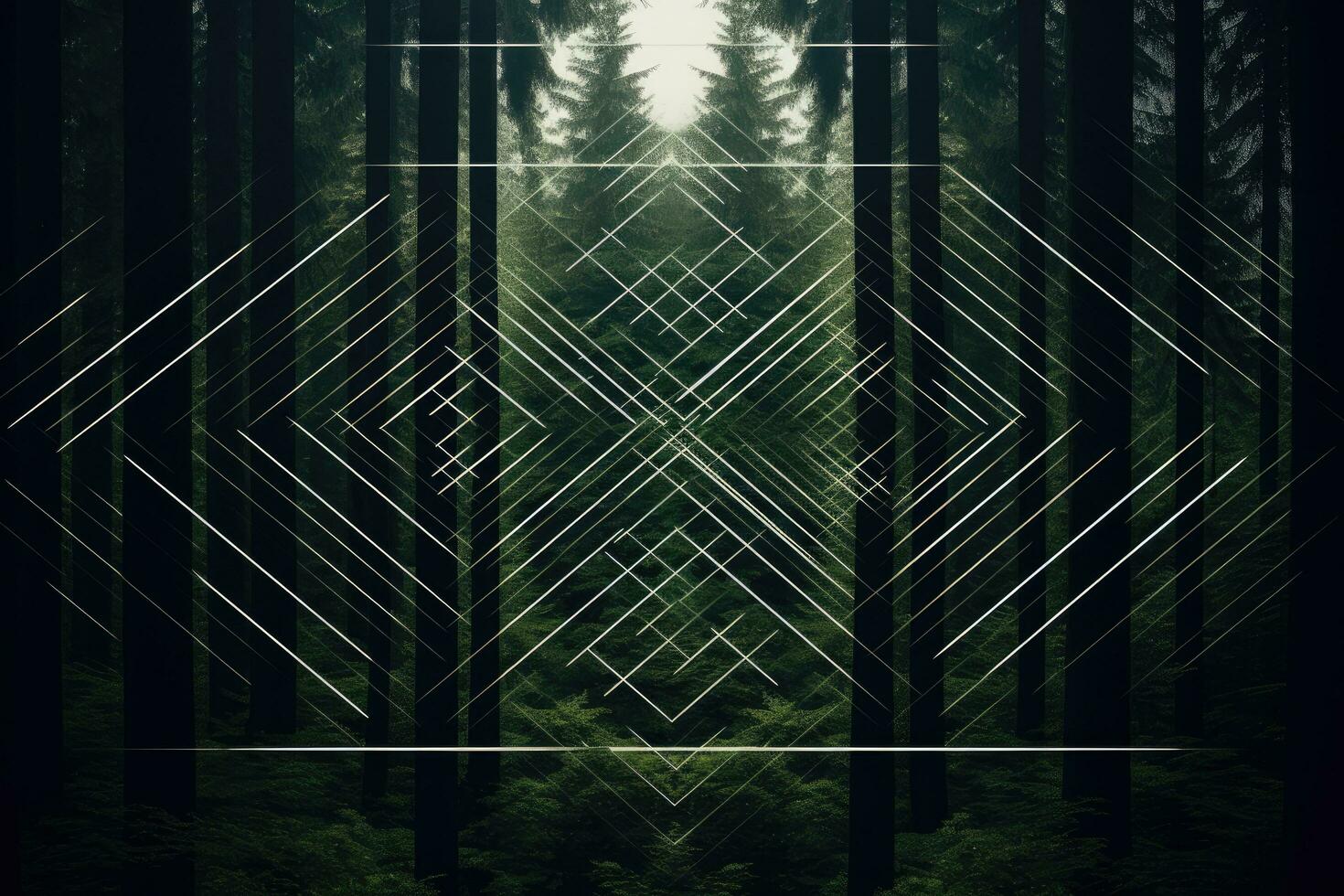 Digital composite of Triangles and dark forest with trees in the background, A striking abstract geometric pattern composed of intersecting lines, AI Generated photo
