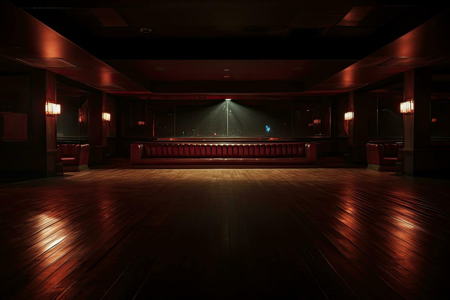 interior de un oscuro habitación con rojo asientos y Encendiendo, 3d prestar, vacío Club nocturno, con oscuro Encendiendo fundición un suave calentar brillo, ai generado foto