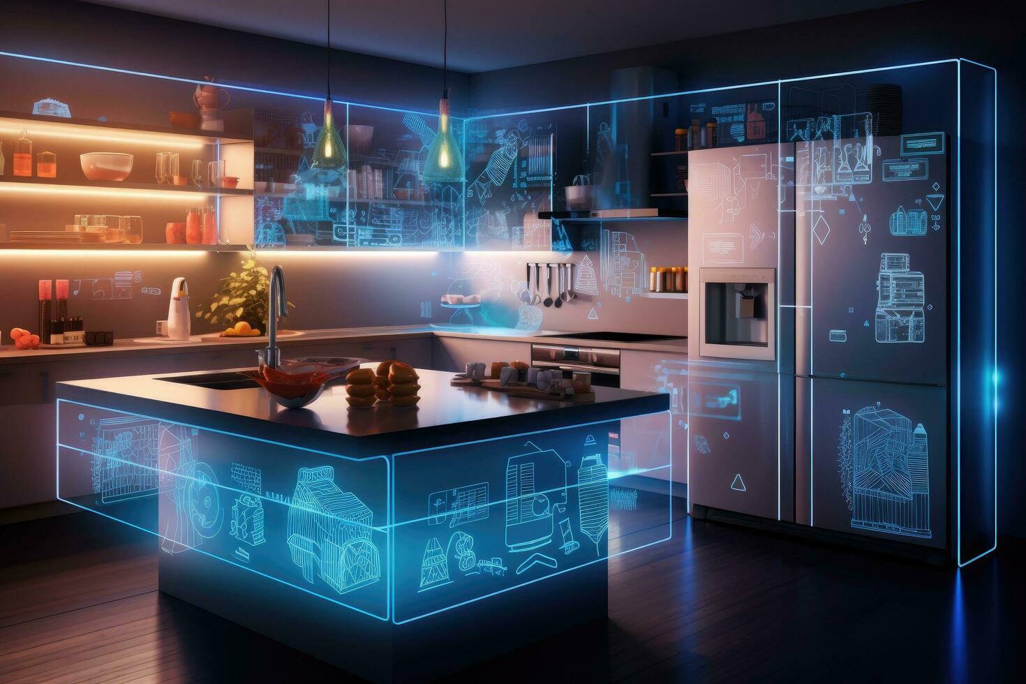 3d rendering of a modern kitchen with a black and blue theme, A smart ...