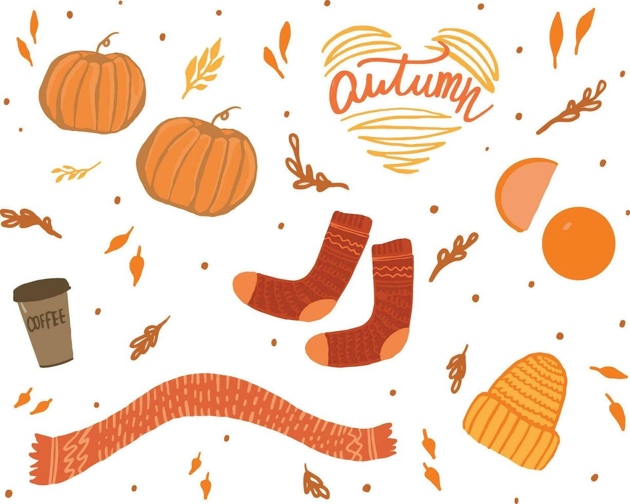 Cozy Autumn items, autumn set of decorative vector elements