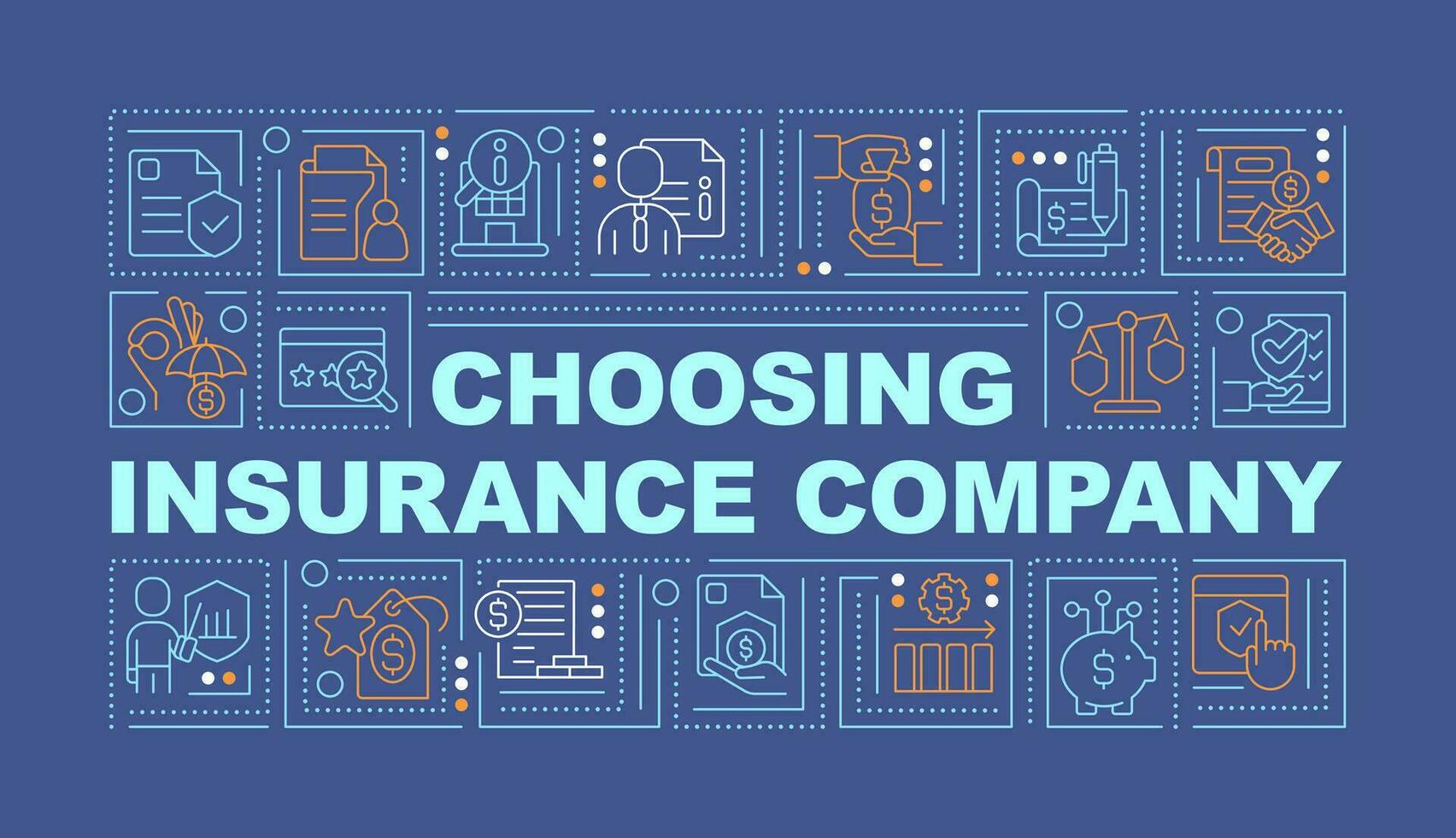 Choosing insurance provider word concepts dark blue banner. Coverage. Infographics with editable icons on color background. Isolated typography. Vector illustration with text