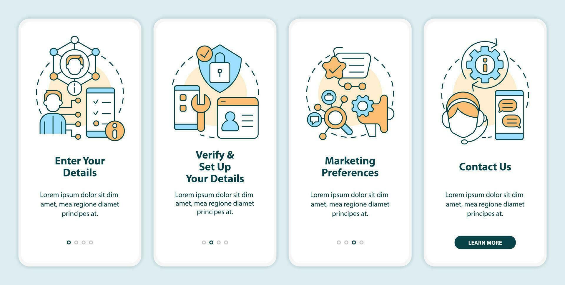 Online banking registration guide onboarding mobile app screen. Walkthrough 4 steps editable graphic instructions with linear concepts. UI, UX, GUI template vector