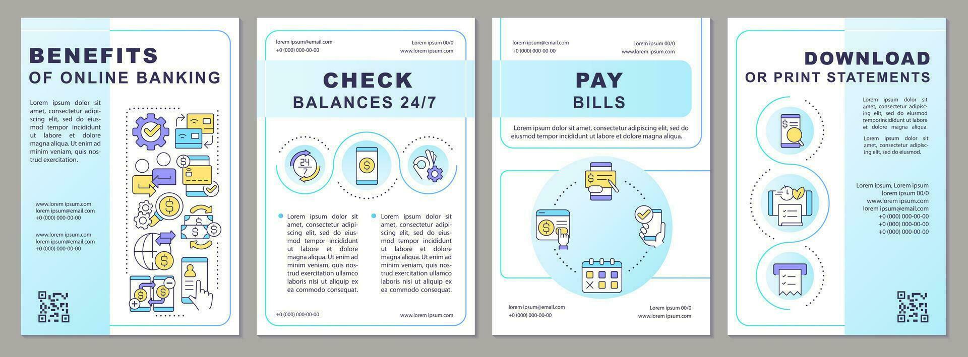E banking advantages brochure template. Online money transfers. Leaflet design with linear icons. Editable 4 vector layouts for presentation, annual reports