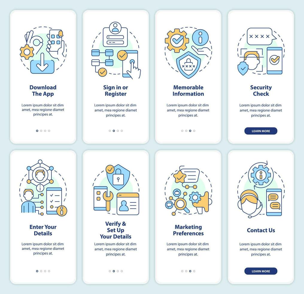 Online banking application onboarding mobile app screen set. Walkthrough 4 steps editable graphic instructions with linear concepts. UI, UX, GUI template vector