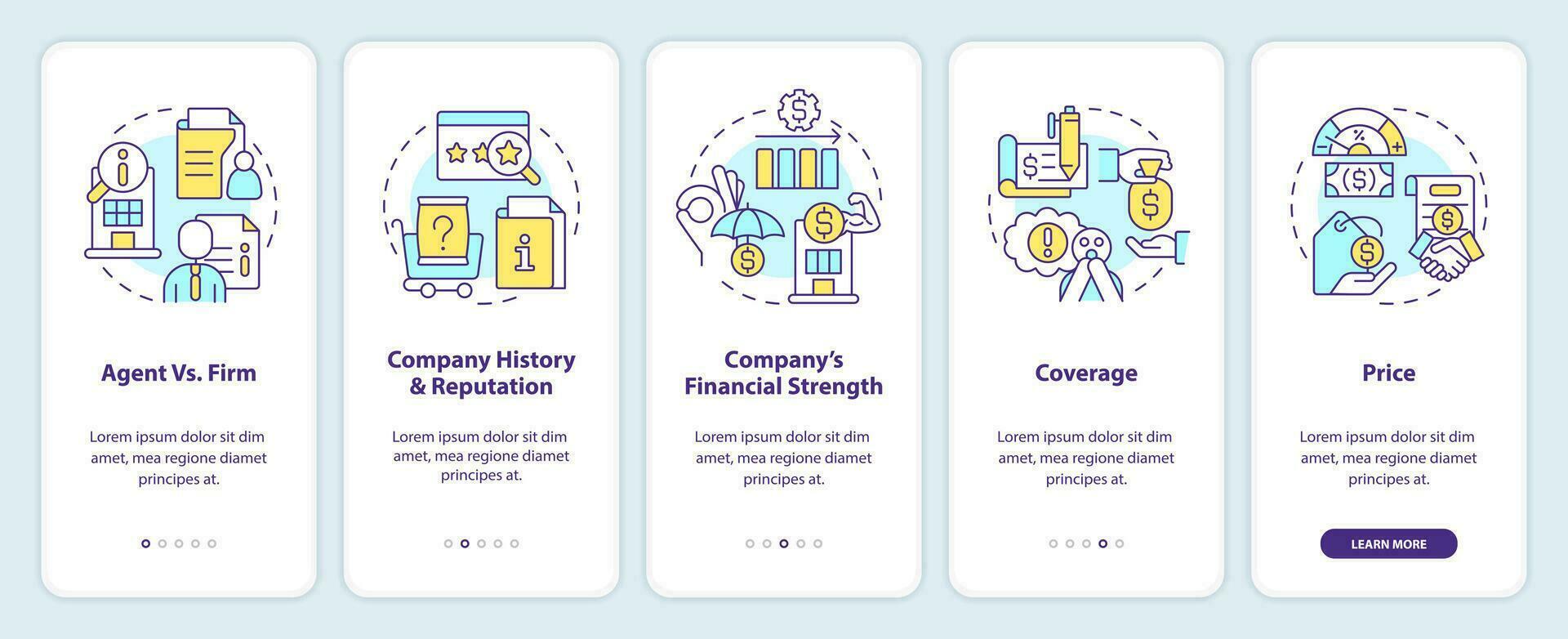 Tips for choosing insurance company onboarding mobile app screen. Walkthrough 5 steps editable graphic instructions with linear concepts. UI, UX, GUI template vector