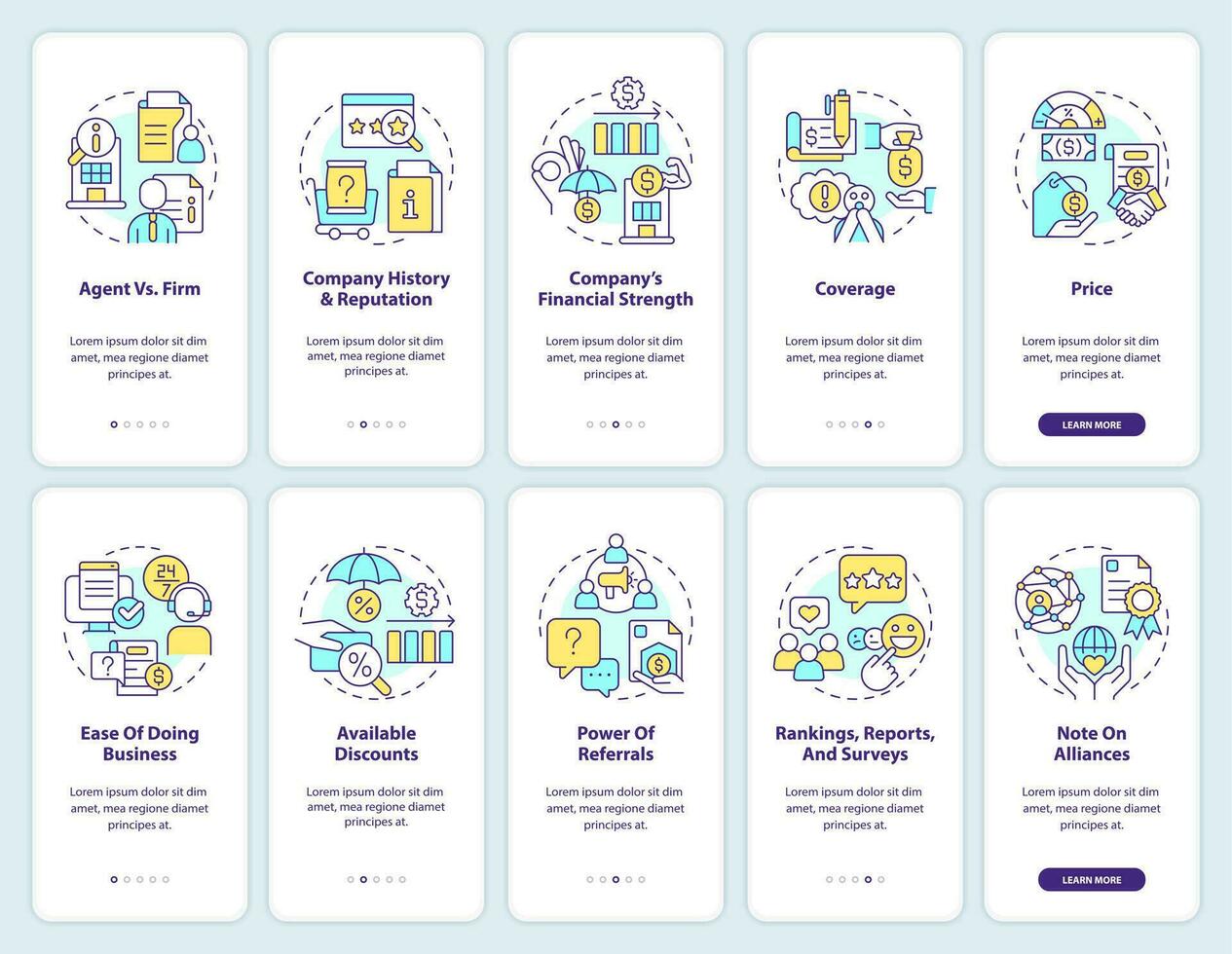 Insurance company benefits onboarding mobile app screen set. Coverage walkthrough 5 steps editable graphic instructions with linear concepts. UI, UX, GUI template vector