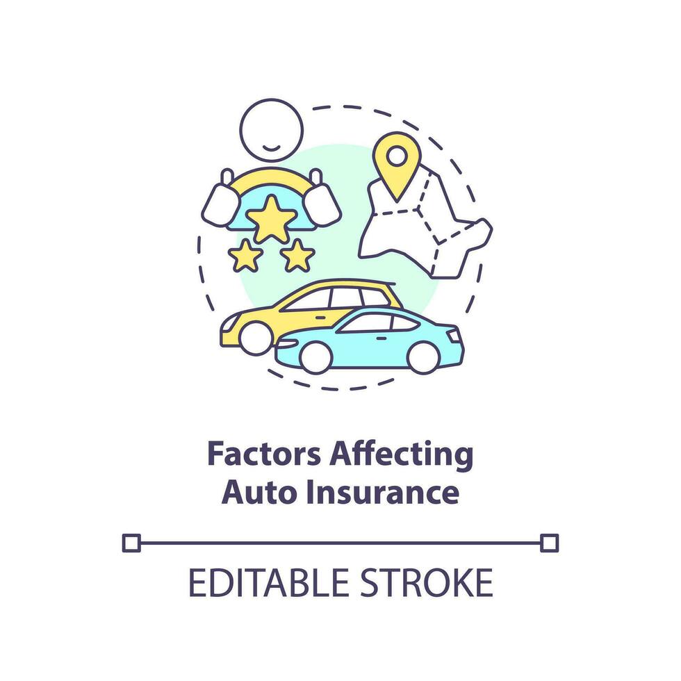 Factors affecting auto insurance concept icon. Car financial protection requirements abstract idea thin line illustration. Isolated outline drawing. Editable stroke vector
