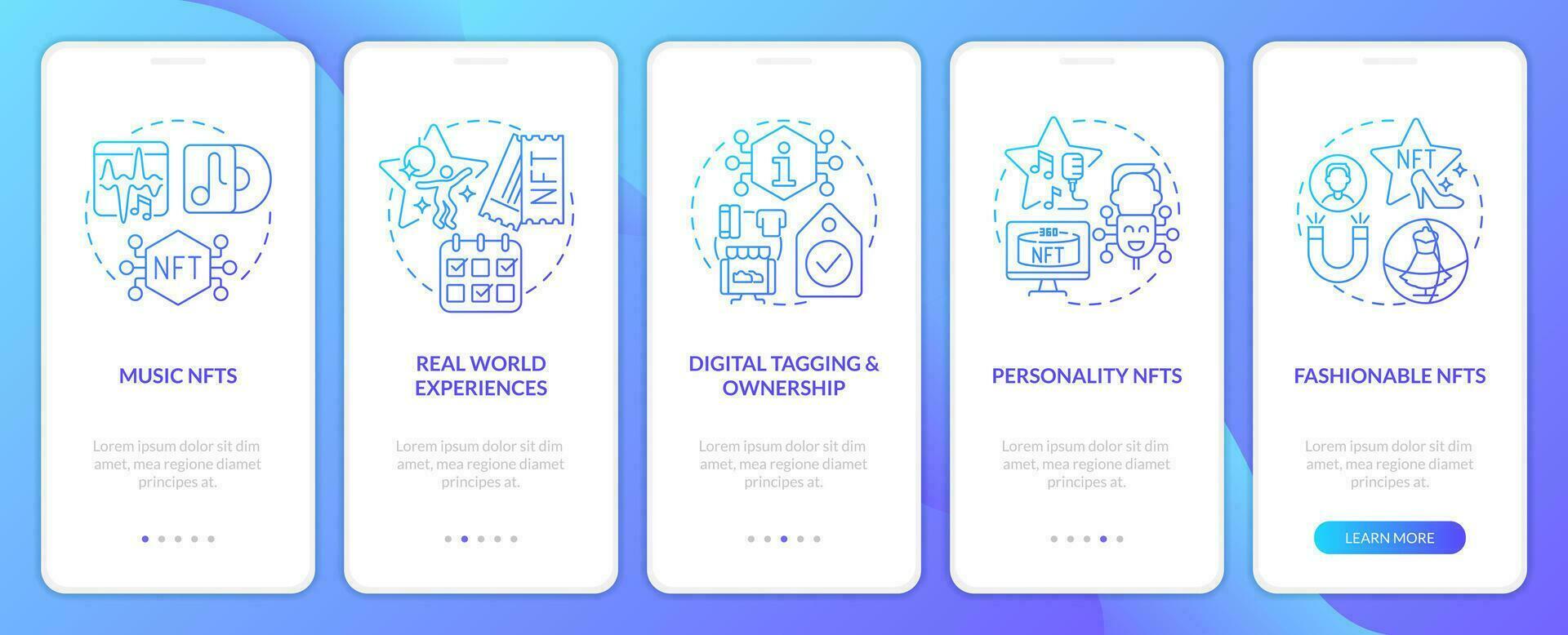 Trends in NFT space blue gradient onboarding mobile app screen. Development walkthrough 5 steps graphic instructions with linear concepts. UI, UX, GUI template vector