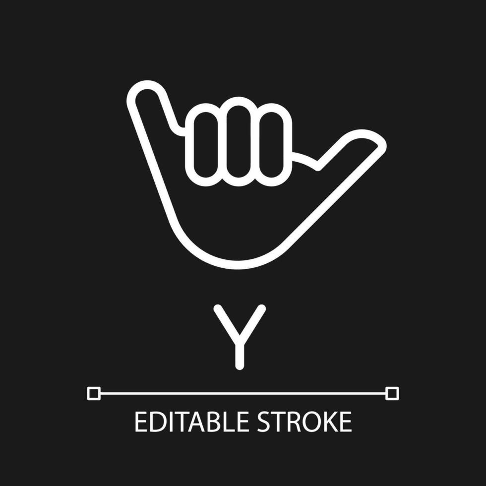 Letter Y sign in ASL pixel perfect white linear icon for dark theme. People with deafness language. Gesturing. Thin line illustration. Isolated symbol for night mode. Editable stroke vector
