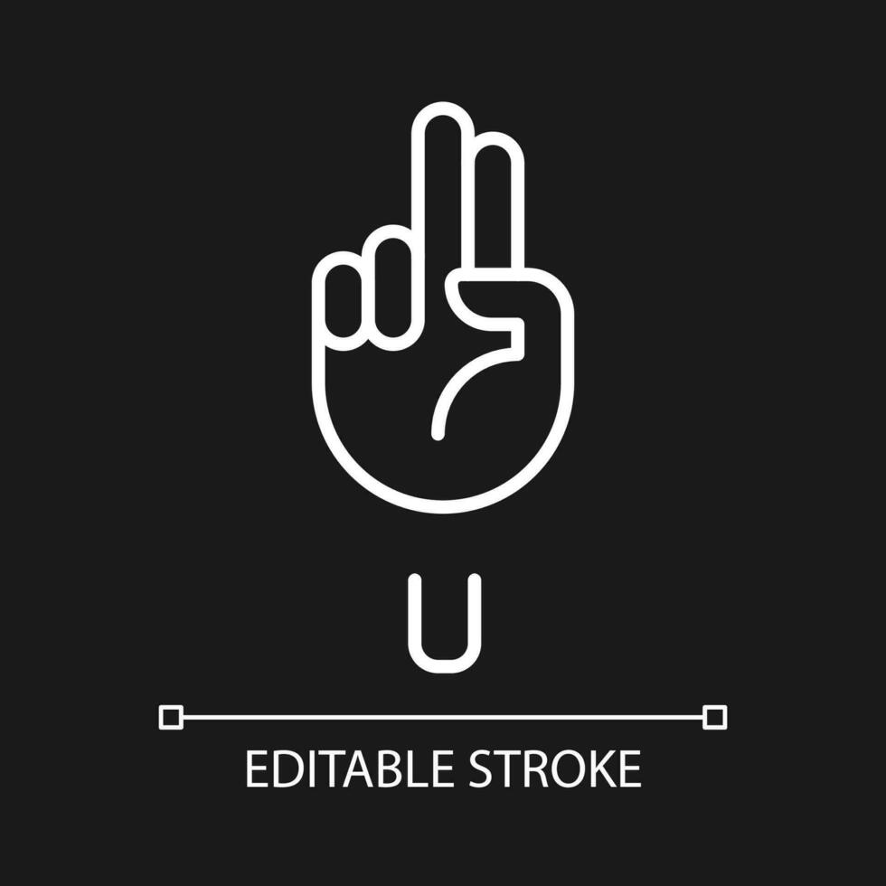 Letter U sign in ASL pixel perfect white linear icon for dark theme. Words visualization by gestures. Thin line illustration. Isolated symbol for night mode. Editable stroke vector