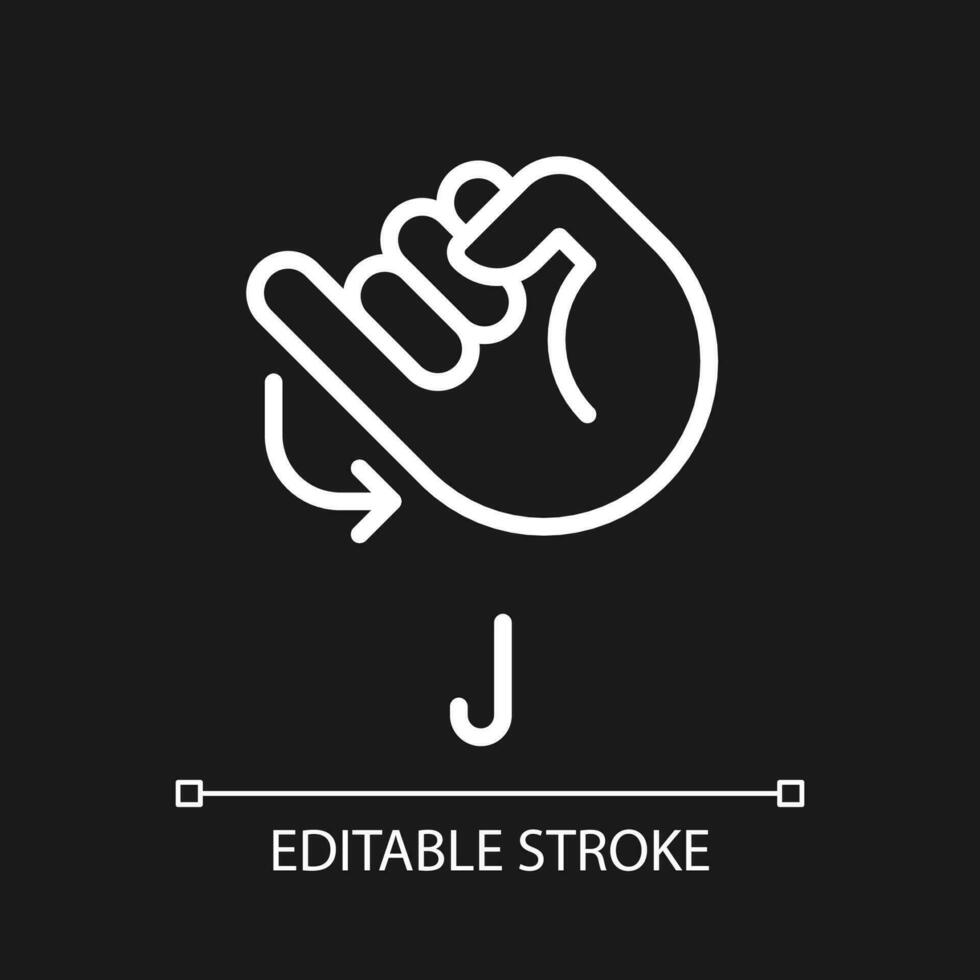 Letter J sign in ASL pixel perfect white linear icon for dark theme. System of nonverbal communication. Thin line illustration. Isolated symbol for night mode. Editable stroke vector