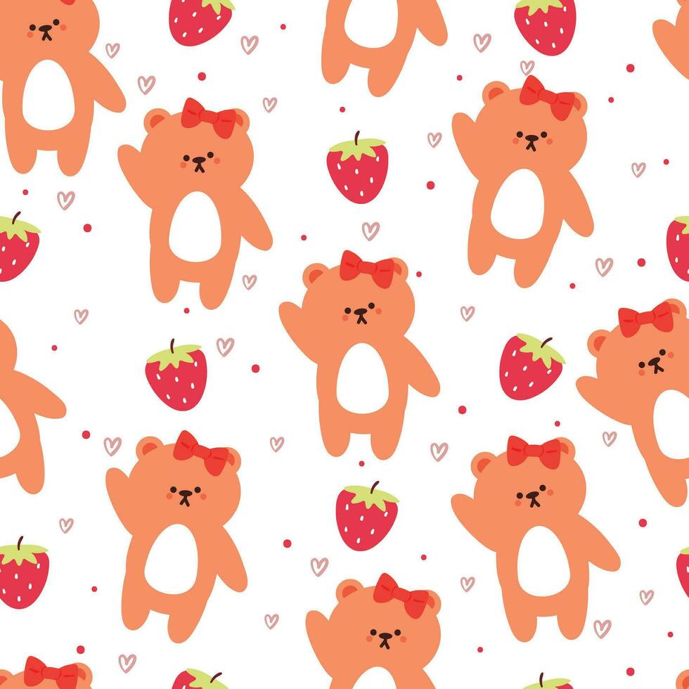 seamless pattern cartoon bear and strawberry. cute animal wallpaper illustration for gift wrap paper vector
