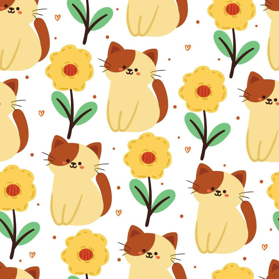 flor y gato de dibujos animados de patrones sin fisuras. lindo papel tapiz animal para textiles, papel de regalo vector