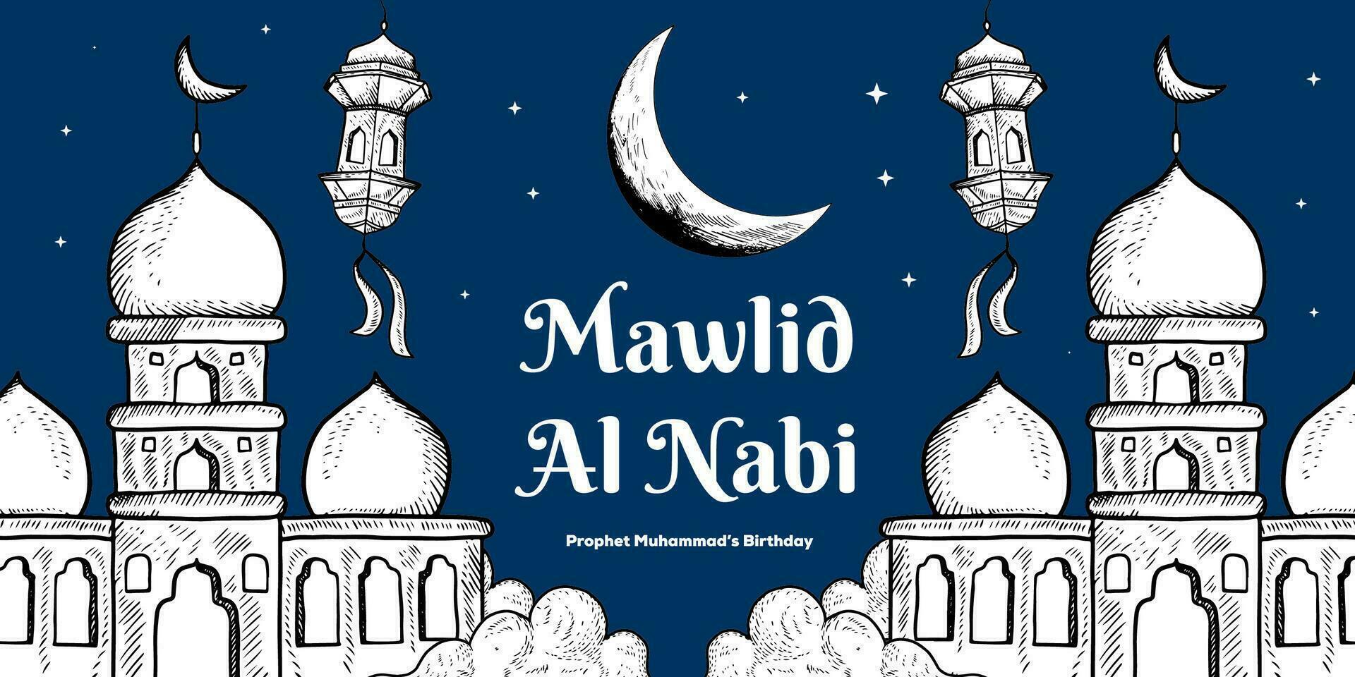 hand drawn mawlid al nabi horizontal banner illustration with moon, clouds, stars, and mosque vector