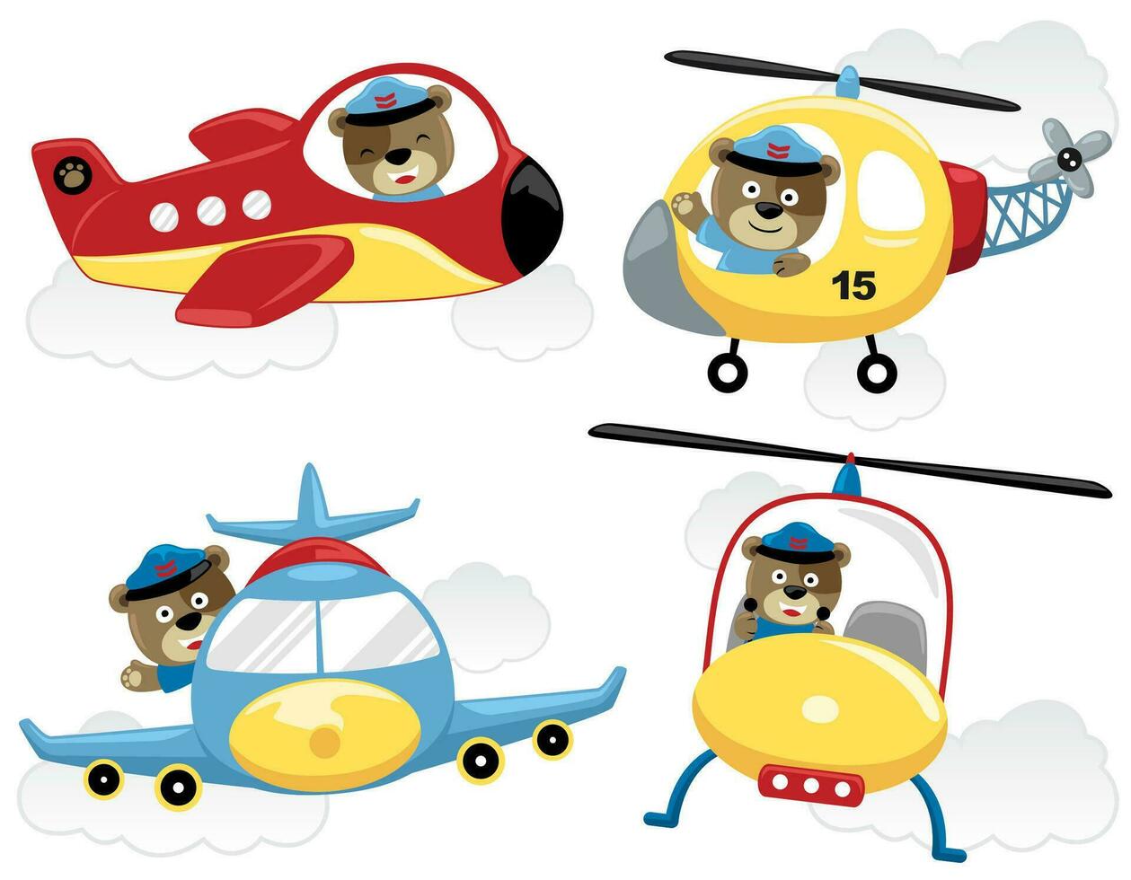 Vector set of air transportations with funny animals pilot