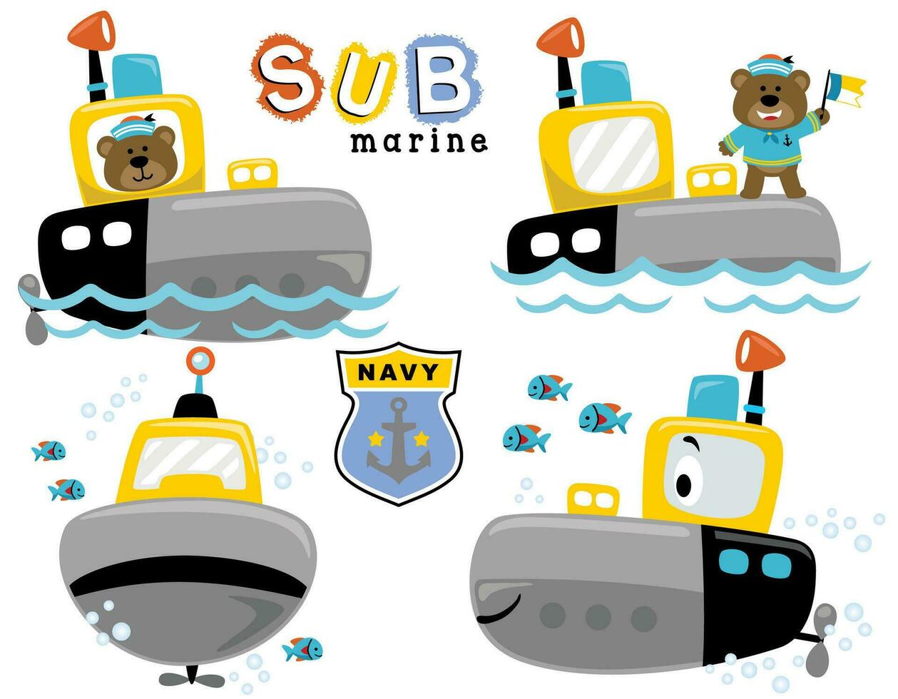 vector dibujos animados conjunto de submarino con linda oso en marinero uniforme