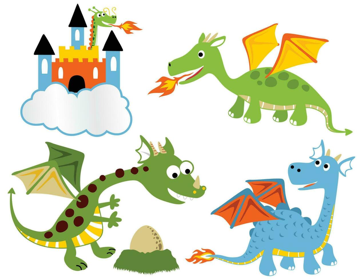 Group of funny dragon cartoon with castle vector