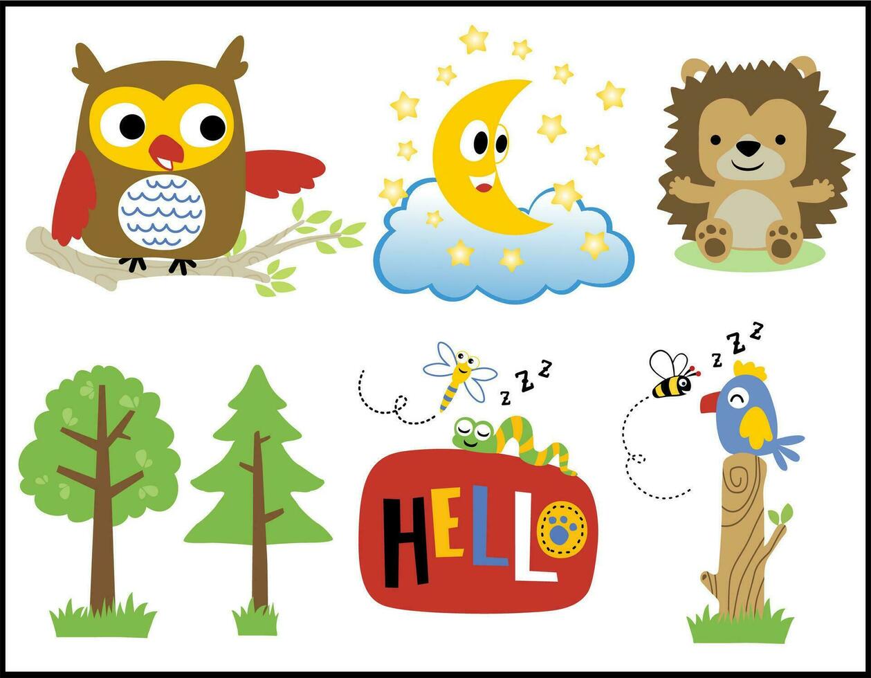 Group of funny woodland animals cartoon with funny crescent moon vector