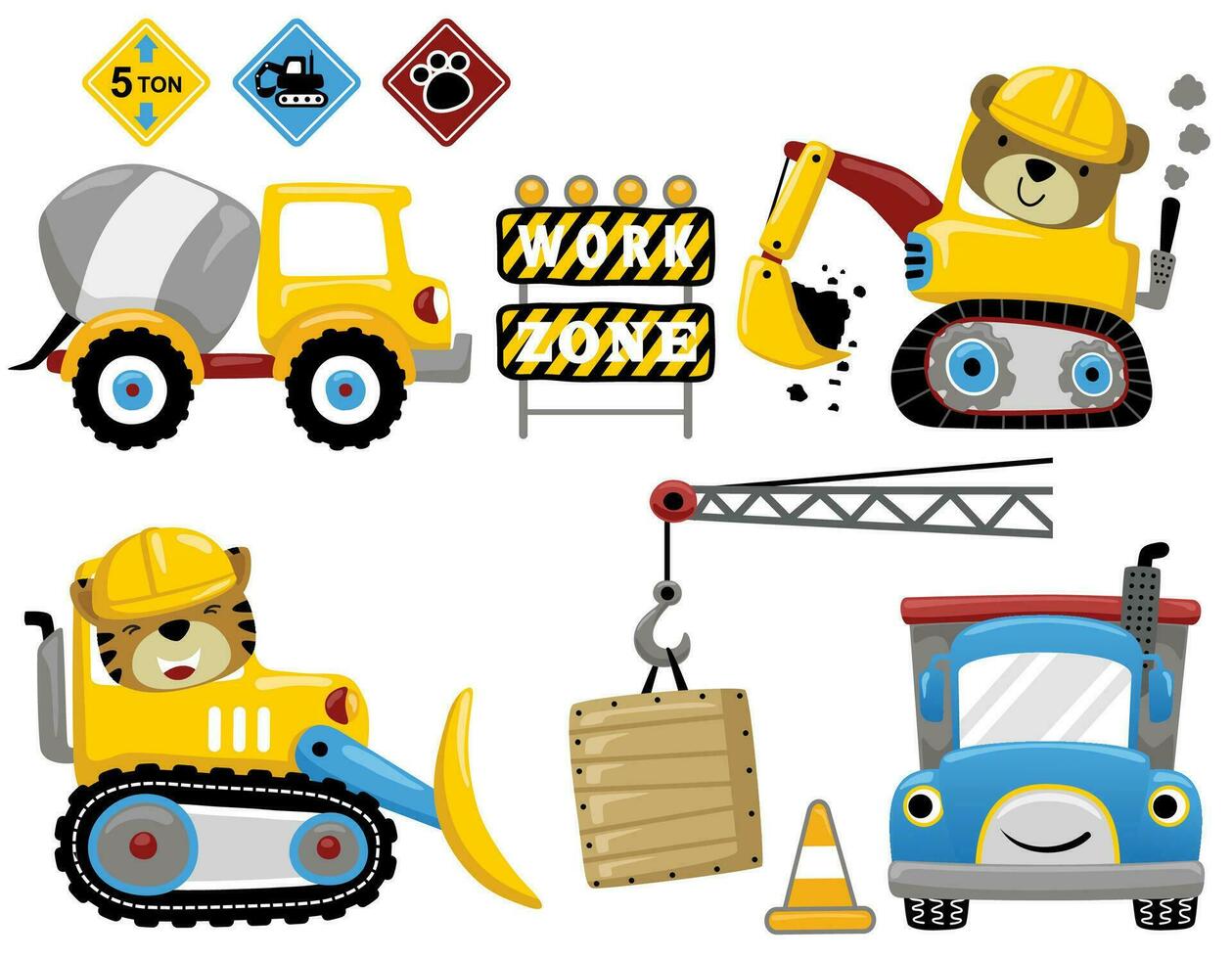 Set of construction element with funny animals, vector cartoon illustration