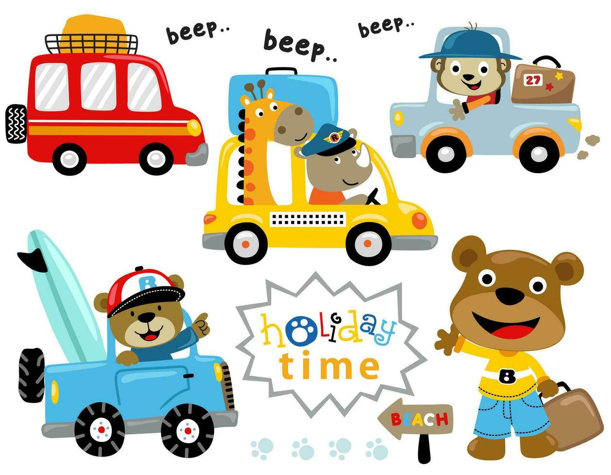 Funny animals cartoon with vehicles vector