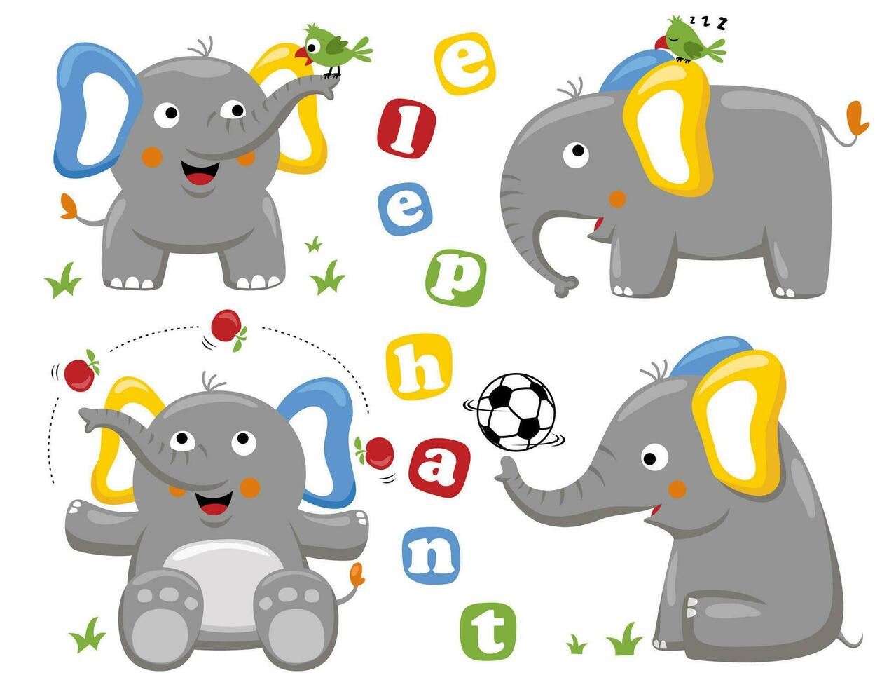 Group of funny elephant cartoon with little bird in different activities vector