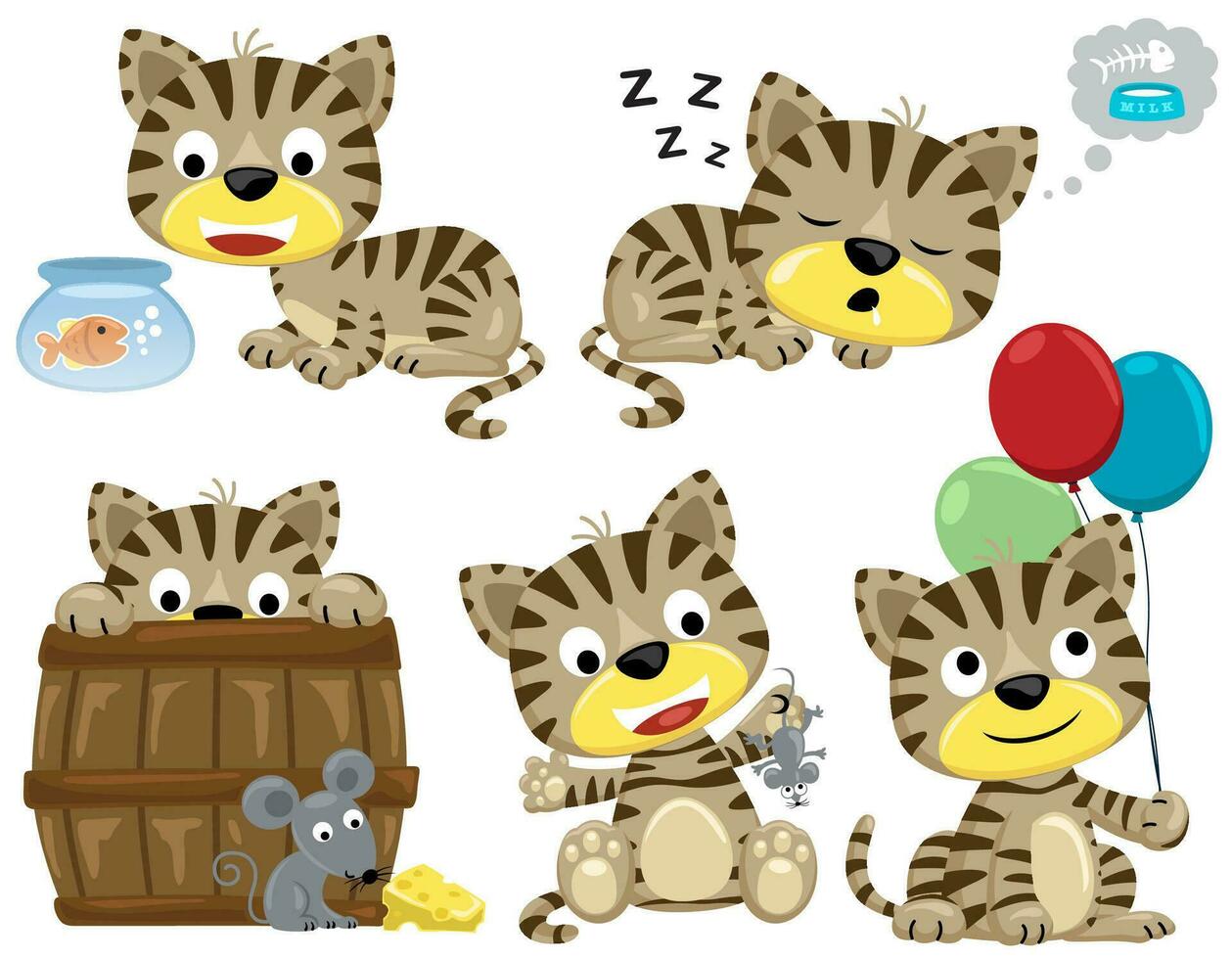 Vector set of little kitten cartoon in different activities