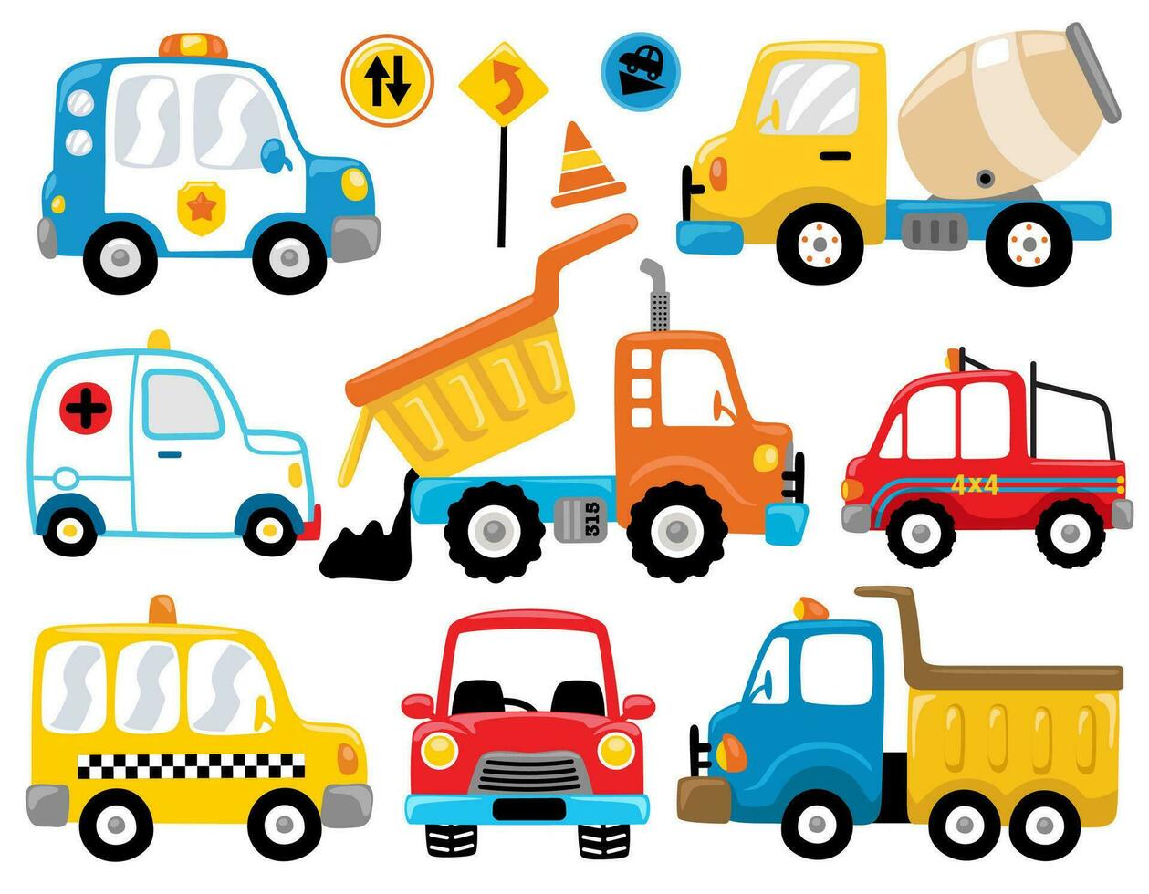 Set of vehicle cartoon with road sign vector