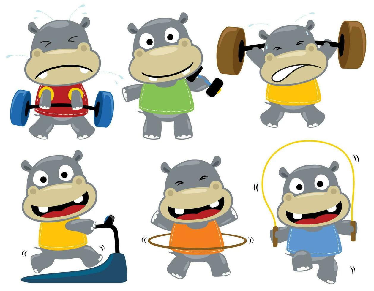Group of funny hippo cartoon in different sports activities vector