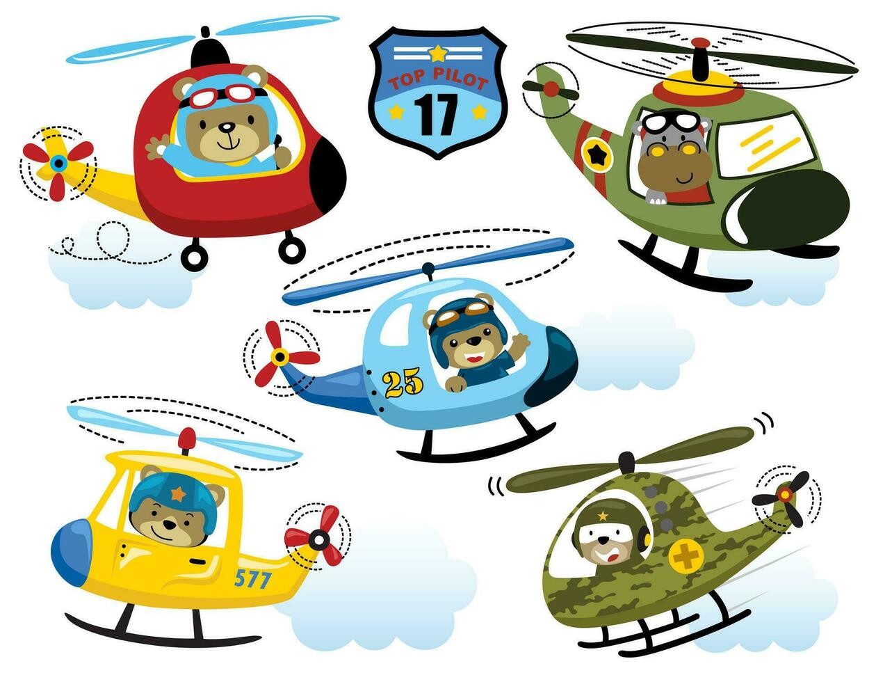 Vector set of helicopter cartoon with funny animals pilot