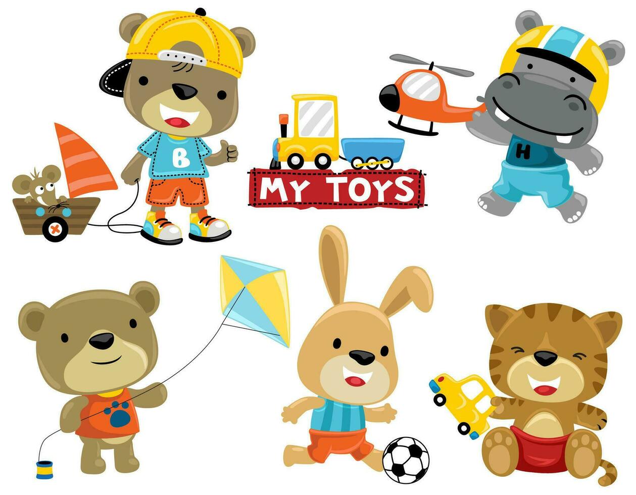 Group of little animals cartoon with it toys vector