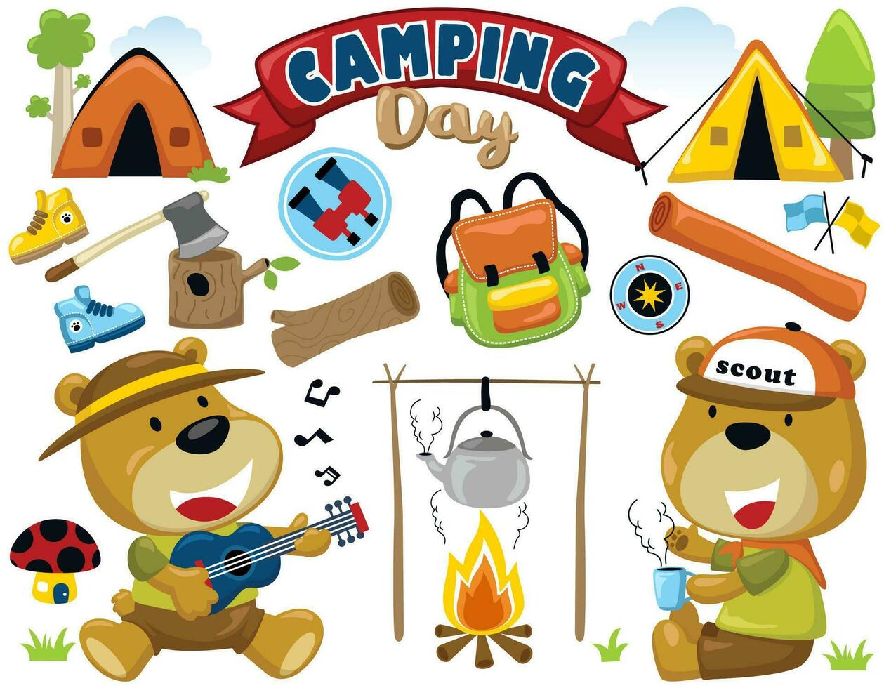 Vector set of camping element cartoon with cute bear in scout uniform