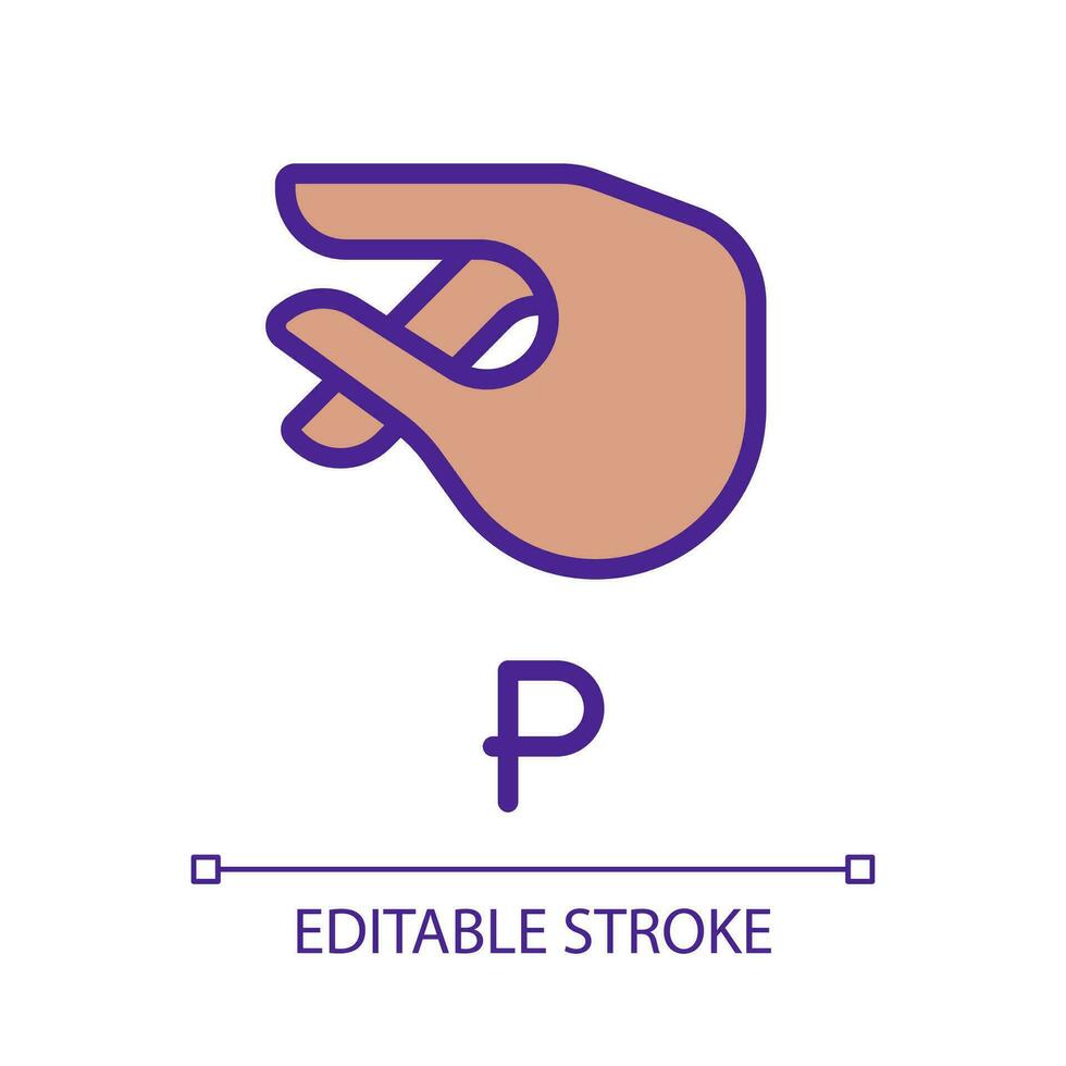 Letter P sign in ASL pixel perfect RGB color icon. System of nonverbal communication. Gesturing. Isolated vector illustration. Simple filled line drawing. Editable stroke