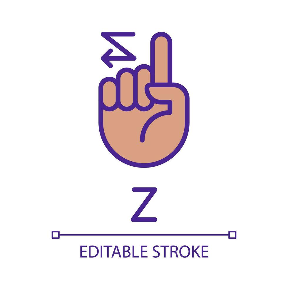 Signing letter Z in ASL pixel perfect RGB color icon. American nonverbal language. Dealing with deafness. Isolated vector illustration. Simple filled line drawing. Editable stroke