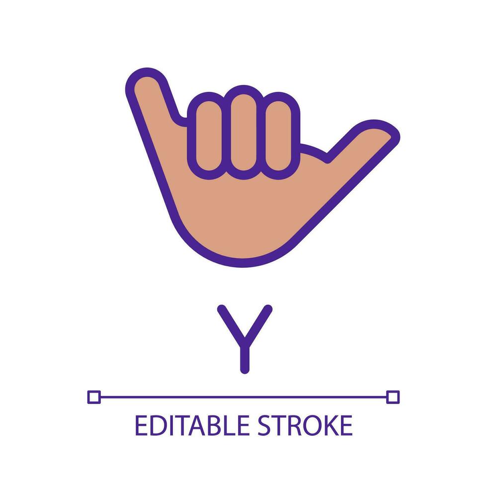 Letter Y sign in ASL pixel perfect RGB color icon. People with deafness language. Gesturing. Isolated vector illustration. Simple filled line drawing. Editable stroke