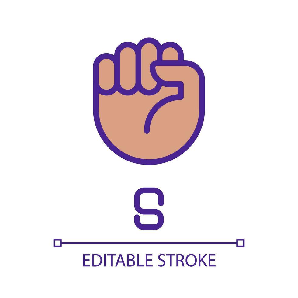 Letter S in American sign language pixel perfect RGB color icon. Fist gesture. Communication modality. Isolated vector illustration. Simple filled line drawing. Editable stroke