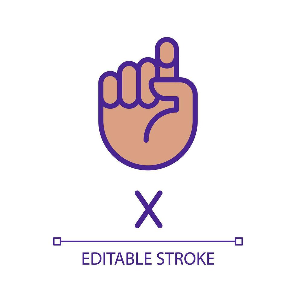 Letter X in ASL pixel perfect RGB color icon. American sign language. Visual modality for communication. Isolated vector illustration. Simple filled line drawing. Editable stroke