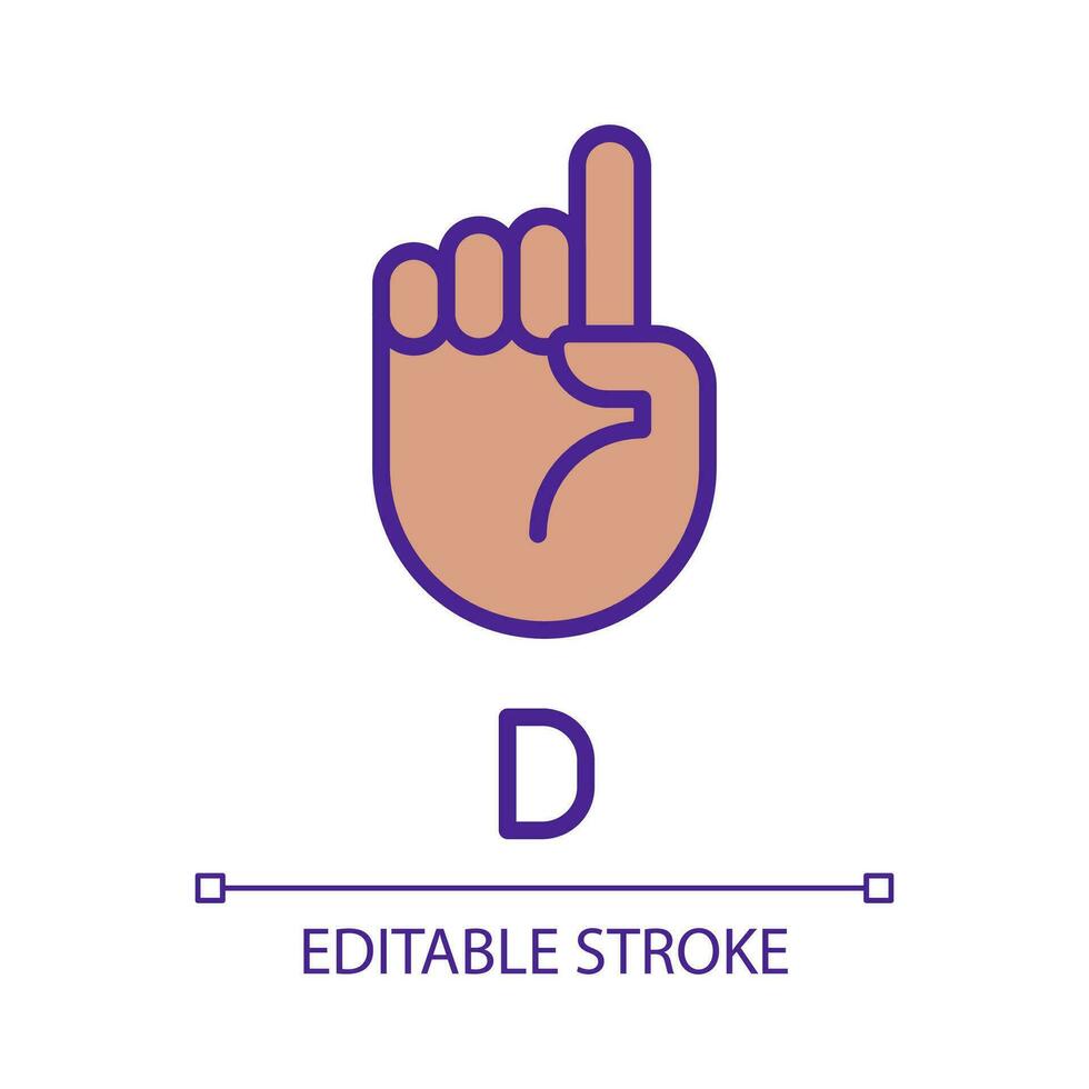 Signing letter D in ASL pixel perfect RGB color icon. Nonverbal system. People with deafness support. Isolated vector illustration. Simple filled line drawing. Editable stroke