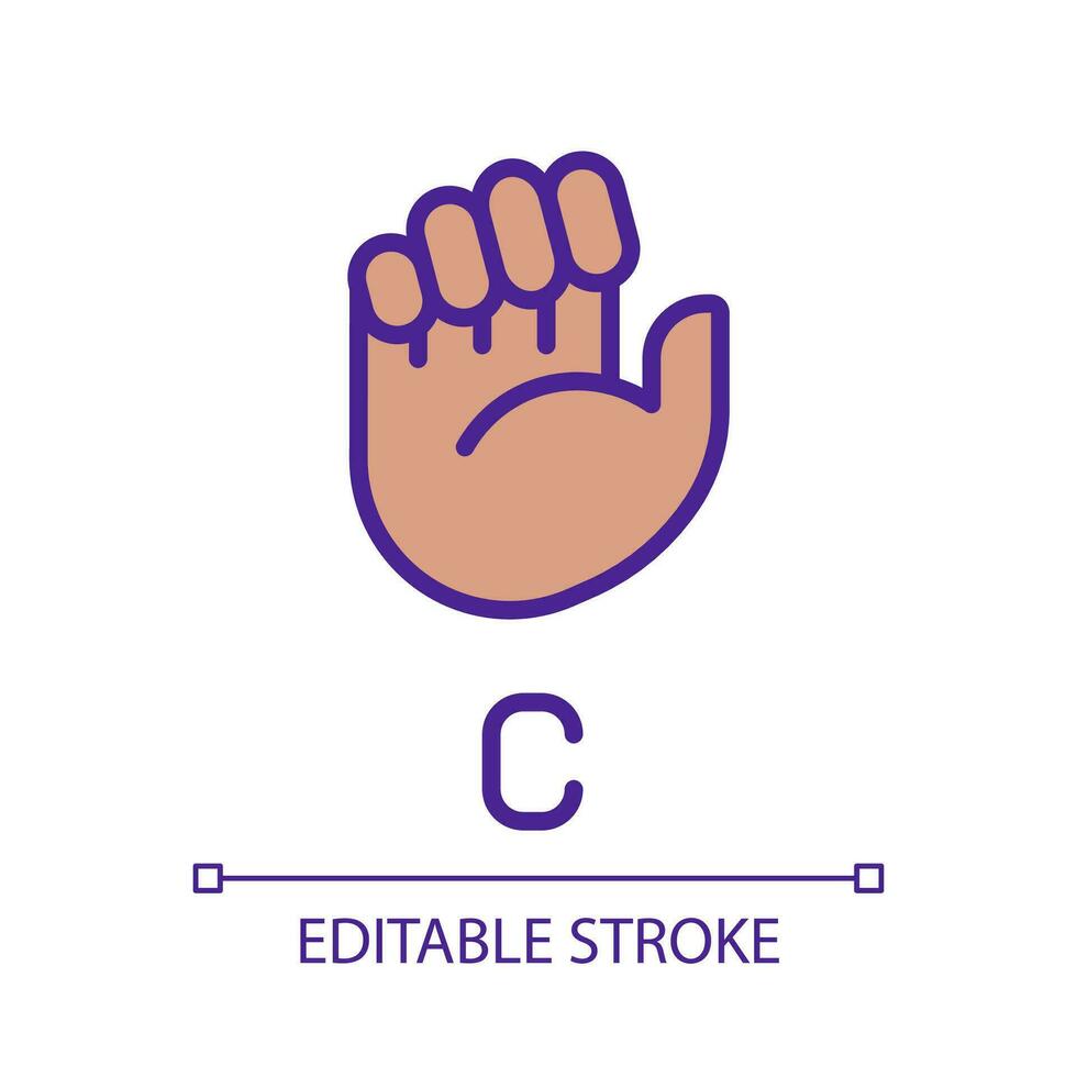 Sign for letter C in ASL pixel perfect RGB color icon. Nonverbal communication. Visual system. Isolated vector illustration. Simple filled line drawing. Editable stroke