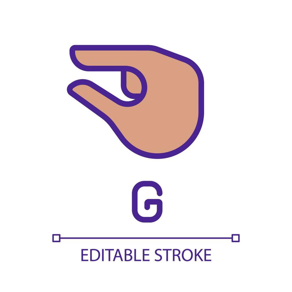 Sign for letter G in ASL pixel perfect RGB color icon. Nonverbal communication for people with deafness. Isolated vector illustration. Simple filled line drawing. Editable stroke