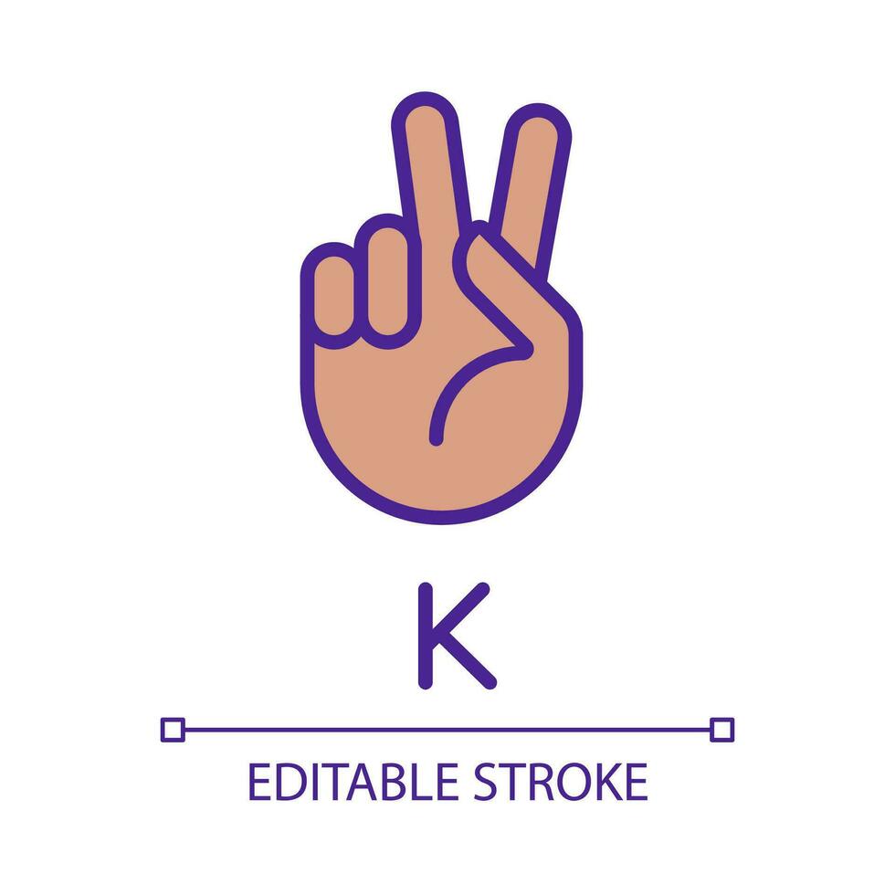 Letter K sign in ASL pixel perfect RGB color icon. Nonverbal communication. Patients with deafness care. Isolated vector illustration. Simple filled line drawing. Editable stroke